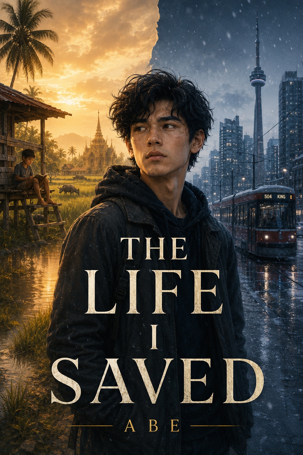 Book cover for The Life I Saved showing a young man between memory and city life